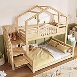 WIZBED Etagenbett mit Treppenschrank und Regalen, Hausbett 90x200+140x200 mit Ablagefächern, Jugendliche Stockbett, Kinderbett, ohne Matratze