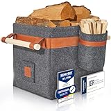 OAKAGE® Holzkorb für Kaminholz Groß mit Zündholzkorb [Integrierter Metallrahmen für Zusatzstabilität] Kaminholzkorb Feuerholzkorb Brennholzkorb Kaminkorb Filzkorb | Korb Dunkelgrau