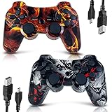 MUZELI Controller für PS3, 2 Pack Kabelloser Controller für Playstation 3 mit Double Shock Ergonomie, wiederaufladbarer Gamepad-Joystick mit Ladekabel(Skull & Fire Design)
