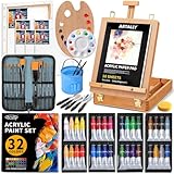 66-teiliges Acrylmalset mit Tischstaffelei, 32 Acrylfarben (je 22 ml), Pinselset mit Etui, Leinwänden – Komplettes Künstlerbedarfset für Erwachsene, Künstler und Anfänger