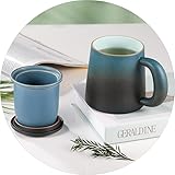 ecooe Teetasse mit Teesieb und Deckel, 420ml(volle Kapazität) Keramik Tasse Große Teetassen mit Edelstahl Teesieb, für Losen Tee, Blau und Schwarz Gradienten Teebecher Set mit Henkel