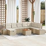 Owoxanthellate Garten-Sofa-Set 9-TLG Beige Poly-Rattan wetterfest Modular mit Stauraum Akazienholz Rahmen 145 cm Breite Modernes Design für große Terrassen Balkon Sitzecke oder Patio