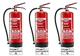 3 Pulver-Feuerlöscher – Protex Pulverfeuerlöscher – 6 kg - für die Brandklassen ABC – Zertifiziert nach DIN EN 3 und CE – je 9,5 kg – mit praktischer Halterung – mit Prüfplakette - Made in EU