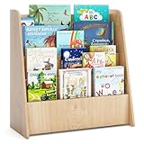 COSTWAY Kinderregal mit 4 Fächern, Bücherregal für Kinder, Zeitungsständer, Aufbewahrungsregal für Kinderzimmer, Spielzimmer, 57,5 x 26,5 x 59 cm (Natur)
