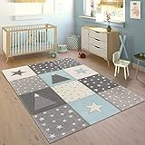 Kinderteppich Teppich Kinderzimmer Junge Mädchen Pastell Modern Kariert Punkte Mond Sterne Weiß Grau Blau, Grösse:80x150 cm