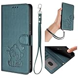 HAOFUGUI Wallet Handyhülle für Redmi A5 NFC, Case aus PU Leder mit Süßer Katzen-Prägung Klapphülle mit Kartenfächern Standfunktion und Abnehmbarer Handschlaufe-Dunkelgrün