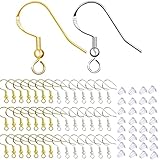 SIOPPKIK 200 Stück ohrhaken 925 Versilberte Ohrringhaken Hypoallergene Ohrhaken für Die Herstellung von DIY Ohrringen mit Durchsichtigen Ohrring Sicherheitsrücken und Biegeringen (Silber und Gold)