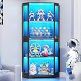 BROTTAR Eckvitrine mit Glastüren, Tall 165cm Eck Bücherregal mit 3 Farben Led Beleuchtung, 4-Ebenen Vitrinenschrank mit Intelligente Sensorik für Wohnzimmer Schlafzimmer Büro, Schwarz