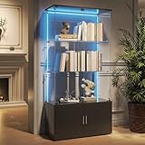 WSOFZMO Vitrine Glas, Glas Vitrinenschrank mit Tür und Schloss, Glasvitrine mit led Beleuchtung für Sammlungen, 3 Lagen Sammlervitrine, Standvitrine, für Schlafzimmer Büro (Schwarz Lichtstreifen)