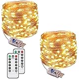 Augone 2 Stück LED Lichterkette mit 120 LEDs, 12M 8 Modi, USB-Stecker, wasserdicht, Kupfer-Lichterkette mit Fernbedienung, Timer für Schlafzimmer, Party, Hochzeit, Weihnachten (warmweiß)