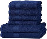 Amazon Basics – 6 Stück Handtuch-Set für Badezimmer, lichtbeständig, 100 % Baumwolle, weich und saugfähig, 2 Badetücher und 4 Händehandtuch, Königsblau