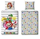 Kinder-Bettwäsche Set Super Mario Grau · 135x200 cm 80x80 cm · 100% Baumwolle · Luigi Yoshi Toad Peach · Linon Wende-Bettwäsche