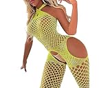Sexy Dessous für Damen，Damen Fischnetz Bodys Dessous，Nahtlose Bodystocking catsuit，Hohl Reizwäsche Strumpfhose Dessous, für Romantische Datum Tragen Reizwäsche Gelb