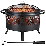 Feuerschale, Feuerschalen für den Garten, Ø 81cm Feuerschale mit Funkenschutz und Schürhaken, Feuerkorb mit Grillrost(Ø 58cm), BBQ Feuerstelle Outdoor, für Gartengrills, Campingheizung, Schwarz, Groß