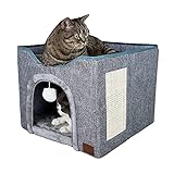 YUDOXN Faltbares Haus für Katzen mit Terrasse, zusammenklappbar, Höhle für Katzen und kleine Hunde, Flauschige Kugel zum Aufhängen und Kratzen, 44 x 44 x 36 cm, Grau