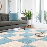 quolliter 10 Stück Plüsch-Puzzle-Bodenschaummattenfliesen, Plüsch-Puzzlematte，Flauschige, Ineinandergreifende Teppichfliesen,Puzzle-Spielmatten für Schlafzimmer/Salon (Cremeweiß+Blau)