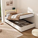 Hydraulisch Stauraumbett 90 x 200 cm, Hydraulisch Stauraumbett mit LED- und USB-Beleuchtung, Einzelbett mit Stauraum und Kopfteil, gepolstert, für Kinder, Jugendliche und Erwachsene (Beige, 90 x 200