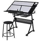 Yaheetech Höhenverstellbare Zeichentisch-Set Kippbarer Tischplatte Schreibtisch Architektentisch mit Viel Stauraum & Hocker Schreibtisch für Malen/Zeichnen Schwarz