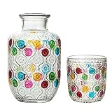 Wnvivi Nachttisch-Wasserkaraffe und Glas-Set, 550 Ml Nachttisch-Kaltwasserkessel, Vintage-geprägte Kristallkaraffe mit Tumbler-Glas für Schlafzimmer-Nachttisch (A)