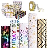 Geschenkpapier Set 5 Rollen 300 x 43cm Geschenkpapier Geburtstag Geschenkpapier Schwarz Weiß Gold Geschenkpapierrolle mit Schleifenband für Geburtstag Weihnachten Hochzeit Party Geschenkdekoration (A)