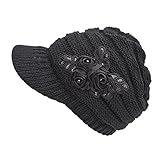 FSSTUD Damen Winter Warme Gestrickte Strickmütze Strick Beanie Mütze mit Schild Cap Schwarz