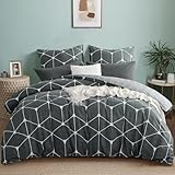 RUIKASI Bettwäsche 200x220 Baumwolle 3 teilig Anthrazit - Baumwollbettwäsche 200 x 220 mit Geometrie Muster, Bettbezug Set 220x200 Cotton mit Reißverschluss