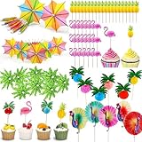100 Stück Cocktail Deko Hawaii Party Deko Wiederverwendbar Cocktail Schirmchen mit wabenförmiger Kokospalme,Flamingo,Pfau, Ananasund Achteckigem Regenschirm Geeignet für Partys und Bars