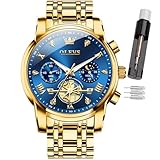 OLEVS Herren-Armbanduhr mit Zeitcode, Edelstahlarmband, Leuchtend, wasserdicht, multifunktional, Unterzifferblatt, Business-Kleid, Quarz, rund, Luxusuhren für Herren, Armband aus 2856-Gold, blaues