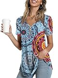 Ninee Damen Kurzarm T-Shirt V-Ausschnitt Sommer Tunika Tops lässig Knopfleiste Bluse (Flower Multiple Blue,Large)
