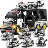 JUKUDAHU Polizeiwagen Spielzeug für 3 4 5 6 Jahre alte Jungen - Trägerfahrzeug Spielzeugset mit 5 Mini-Autos und 1 Hubschrauber, Kinder Firction Powered Car für Alter 3-9, Geschenke für Jungen und