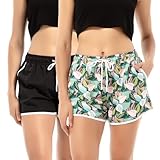 riemot 2 Pack Badeshorts Damen Schnelltrocknend Kurze Sporthose Yogahose Trainingshose Atmungsaktiv Schwimmshorts Sommer Badehose UV Schutz Strandshorts Boardshorts,Schwarz Blattmuster,XXL