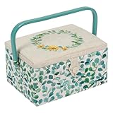 Hobby Gift Exclusive Mittelgroße Nähhandwerk-Bastel-Aufbewahrungsbox, Zubehörablage, Nadelkissen, Tasche, PVC-Griff, bestickter Deckel, 18,5 x 25,5 x 14,5 cm, Eukalyptus