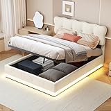 Générique Bett mit Bettkasten, 160 x 200 cm mit LED, Doppelbett, gepolstert, mit Lattenrost, hydraulisches Bett, Beige, Samt (ohne Matratze)