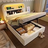 MURUL Polsterbett 90x200cm, beige Samt, mit hydraulischem Kopfteil, USB-C, LED & Stauraum - Inkl. Matratze & Lattenrost