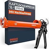 Presch Kartuschenpresse 12:1 Übersetzung & Nachlaufstopp - Silikonspritze für Kartuschen bis 310ml (Niedrige Viskosität, Acryl & Silikon) - Kartuschenpistole 360° drehbar inkl. Einstechwerkzeug