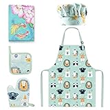 Pipoobear Kinderschürze Backset Kinder für 3-6 Jahren, 4 Backset inklusive Schürze Kinder Kochmütze Ofenhandschuhe Matte aus Baumwolle, Kinderschürzen für Malerei Kochen Backen Küche