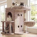 Heybly Kratzbaum, 65 cm Hoher Katzenbaum mit Extra-Großer Plattform, Gestuftes Katzenmöbel mit Doppelhaus, Inklusive Sisal-Kratzsäule, Katzenkorb und Spielzeug für Katzen, Braun-beige HCT204SMU