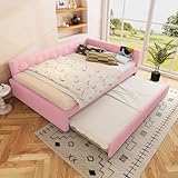 Daybett, 140*200cm Tagesbett, Schlafsofa, Bett mit Lattenrost (ohne Matratze), mit Nachttischlampe, mit multifunktionalem Ausziehbett, USB-Anschluss, Typ-C, Komfortmaterial, Vliesimitat (Rosa)