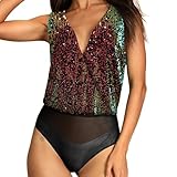 Glitzer Body Damen, Damen Pailletten Body Unterhemd Bodysuit Tops Wrap Bodies Blusebody Frauen Pailletten Stringbody Top Karneval Kostüm Damenbody Tanz-Body Shapewear Stringbody Formende Bodys