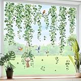 decalmile Fensterbilder Hängende Rebe Fenster Abziehbilder Grün Blätter Fensteraufkleber Pflanzen Vögel Fenstersticker Glas Fensterdeko Aufkleber