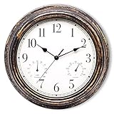 SUNOYA Gartenuhr Wetterfest, 30cm Wasserdicht Wanduhr mit Thermometer und Hygrometer, Retro Wanduhr für Drinnen Und Draußen, Außenuhren für Badezimmer Garten Küche Verandas, Ohne Tickgeräusche