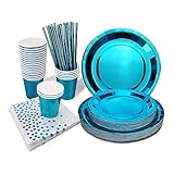 96 Stück Partygeschirr, Wiederverwendbares Pappteller-Besteck-Set inklusive Pappbecher, Pappteller, Papierhandtücher, Strohhalme für Geburtstage, Hochzeiten, Jubiläen