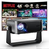 [30000 Lumen/Autofokus & Trapezkorrektur] 4K Smart Beamer mit Netflix-App & Kinoähnlichem Sound, WiFi 6＆ Bluetooth 5.3, HDR10+, intelligenter tragbarer Projektor mit schwenkbarer Heimkino Beamer