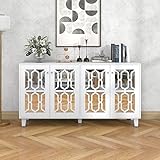 Pangshiyuan Weiß verspiegelte Anrichte mit kühlen Kristallgriffen, Vier Türen, mit beweglichem Laminat.für Wohn- und Esszimmer, 160 x 40 x 84cm,p