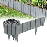 QEENTOE 2.4m Rasenkante Kunststoff Beetumrandung mit Holzoptik & 10 cm Erdspießen - Mähkante für Garten, Beeteinfassung Palisade im Holzdesign Grau