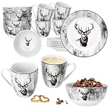 MamboCat Alois 18tlg Frühstücksset I je 6x Frühstücksteller, Müslischalen & Kaffeebecher aus Porzellan I 6 Personen I Holz-Optik & Hirschmotiv in Schwarz-Weiß I für Frühstück & Kaffee