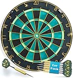 Professionell Sisal Türkis Dartscheibe Dartboard mit Goldener Zahlenring & Pfeilen - Profi Steeldartscheibe - Dart Scheibe Target mit 6 Dartpfeilen Metallspitze golddart Flight Barrels shafts schäfte