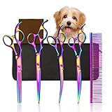 POGEAIR 17,8 cm 4CR Edelstahl-Fellpflege-Set für Hunde, 6-in-1 Sicherheitsschere mit runder Spitze, strapazierfähig, titanbeschichtet, gerade, Effilier- und Kamm-Set für Hunde, Katzen, Haustiere.