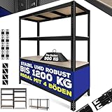 MASKO® Schwerlastregal Lagerregal Kellerregal 180x160x60cm, 1200kg belastbar, 4 verstellbare Ablagen, MDF-Platten Regal aus Metall, Steckregal, Werkstattregal Stahlgestell Garage Werkbank Schwarz