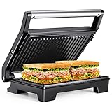 MONXOOK Kontaktgrill für Sandwiches,Steak und als Panini Grill, Sandwich Maker mit Antihaftbeschichtung, geöffnete 180°,Leuchtanzeige,1000W,Schwarz